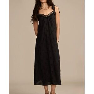 Lucky Brand Embroidered Floral Black Tie Strap Slip Dress Large Lace Chic Maxi